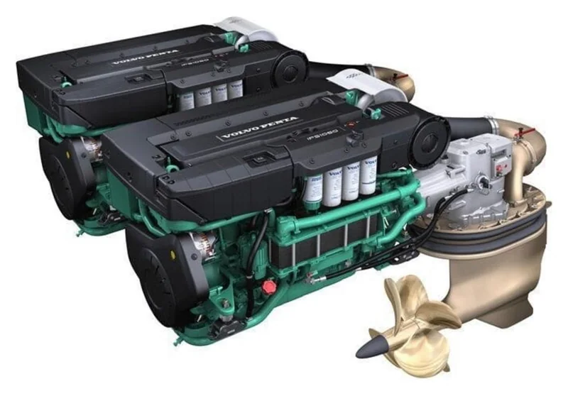 Motores marinos Volvo Penta con sus transmisiones y hélices.